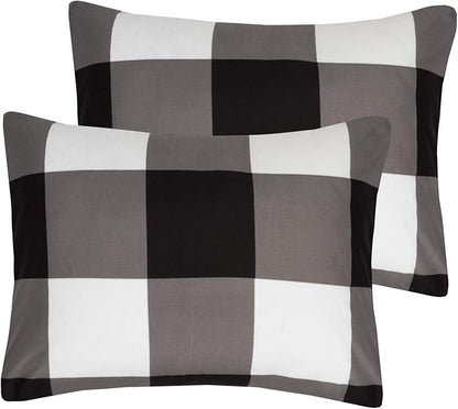 Sweet Home Collection Comforter Set 4 Piece Buffalo Check Plaid Design Soft and Luxurious All Season Warmth Down Alternative Reversible to Solid Color with 2 Shams & Throw Pillow, King, Black/White