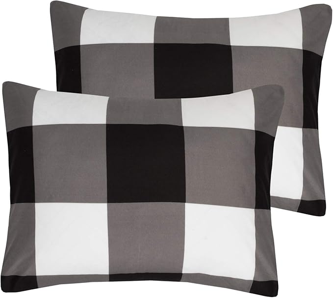 7 Piece Comforter Set Bag Solid Color All Season Soft Down Alternative Blanket & Luxurious Microfiber Bed Sheets, King, Buffalo Plaid Black/White