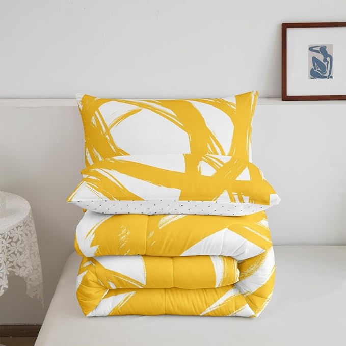Yellow and White Abstarct Comforter Set Twin Size for Kids Boys Girs,Graffiti Stripes Lines Bedding Set,Aesthetic Geometric Duvet Insert for Minimalists,Contemporary Boho Modern Art Quilt