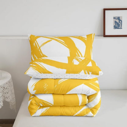 Yellow and White Striped Bedding Set Full Size for Adults Youth Teens,Contemporary Boho Modern Art Comforter Set,Graffiti Stripes Lines Quilt,Aesthetic Geometric Duvet Insert for Minimalists
