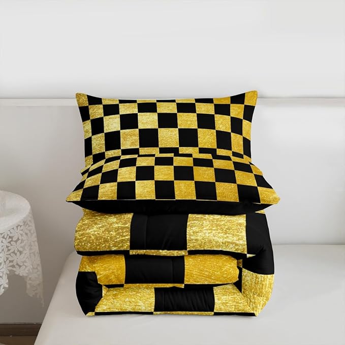 Checkered Retro Kids Comforter Set Full Size Golden Black Plaid Bedding Set Geometric Vintage Duvet Quilt for Kids Boys Girls Bedroom Modern Simple Groovy Aesthetic Decor