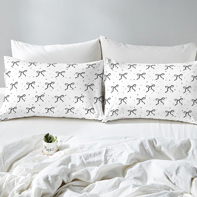 Erosebridal Black and White Bowknot Queen Size Comforter Set, Cartoon Bow Bedding Set for Kids Girls Women Bedroom, Dreamy Princess Down Comforter, Princess Galaxy Stars Quilt with 2 Pillow Cases