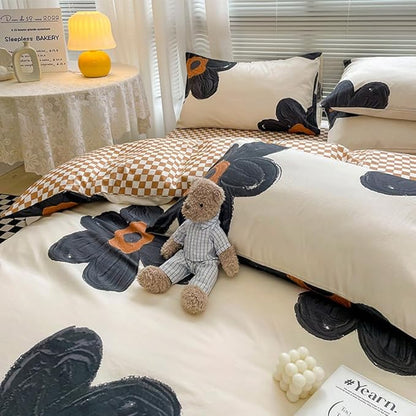 CLOTHKNOW Black Sunflower Full Size Comforter Sets Floral Bedding Comforter Sets Pumpkin Plaid Comforter Beige Black Comforter with 2 x Pillow Cases