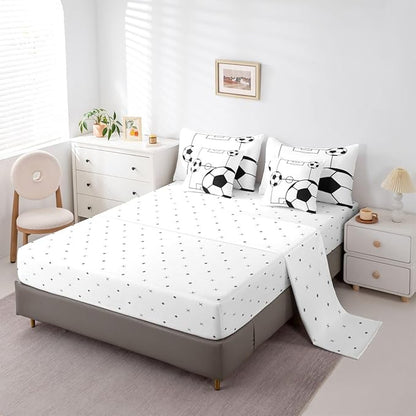 Erosebridal Sports Theme 7 Piece Bedding Set Twin Soccer Ball Comforter Set with Sheets Football Boys Games Soccer Ball Bed in a Bag Playground Pattern White for Kids Boys Girls
