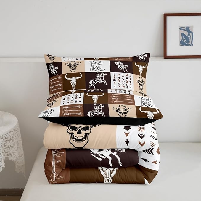 Feelyou Western Decor Bedding Set Twin Size Kids Wild Western Cowboy Comforter Set Horse Longhorn Skull Arrow Geometric Plaid Comforter for Room Decor Brown Duvet Set with 1 Pillow Case