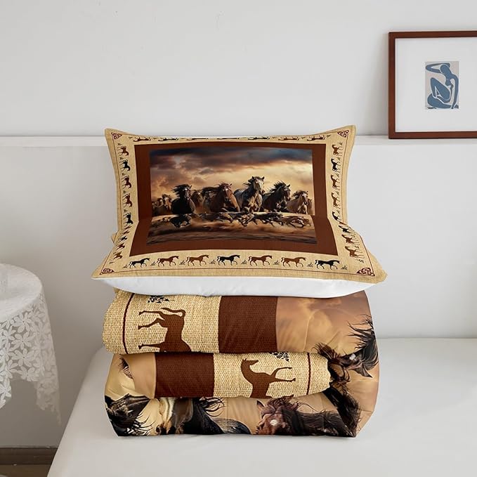 Feelyou Horse Comforter Set Queen Size Galloping Horse Comforter for Boys Kids Teens Western Decor Cute Animal Bedding Set Kawaii Farm Cowboy Brown Duvet Set Room Decor Quilt Set