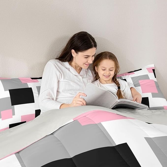 Castle Fairy Pink Black White Comforter Set,Geometric Grid Square Splicing Bedding Set Kids Teens Modern Decor,Modern Abstract Comforter with 1 Pillowcase for All Seasons,Twin