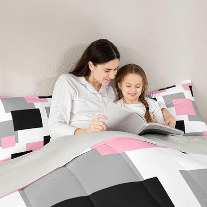 Castle Fairy Pink Black White Comforter Set Toddler Size,Geometric Grid Square Splicing Bedding Set for Kids Teens,Modern Abstract Down Comforter,2 Pcs 1 Pillowcase