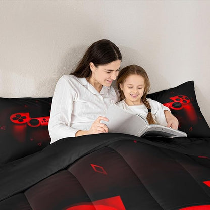 Boys Gamer Comforter Set King Size,Gamepad Bedding Set Kids Young Man Video Games Down Comforter for Teen Child Game Room Decor Black Red Classic Retro Gaming Quilted Duvet Set with Pillowcase