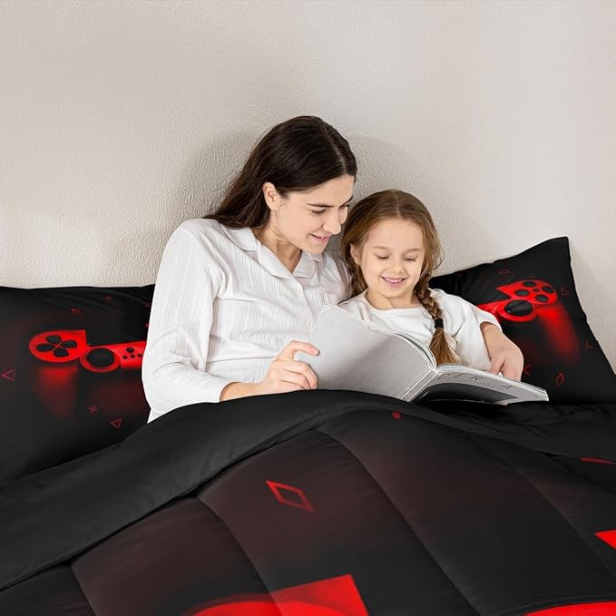 Boys Gamer Comforter Set Full Size,Gamepad Bedding Set Kids Young Man Video Games Down Comforter for Teen Child Game Room Decor Black Red Classic Retro Gaming Quilted Duvet Set with Pillowcase