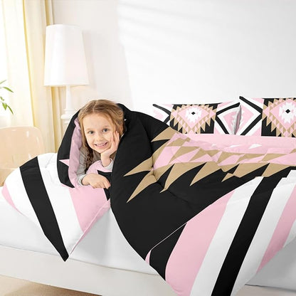 Feelyou Pink Black Boho Western Comforter Set Southwestern Aztec Tribal Full Size Bedding Set for Kids Boys Girls Vintage Geometric Duvet Quilt