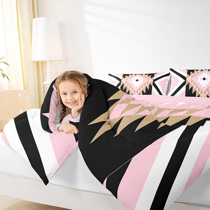 Feelyou Pink Black Boho Western Comforter Set Southwestern Aztec Tribal Twin Size Bedding Set for Kids Boys Girls Vintage Geometric Duvet Quilt
