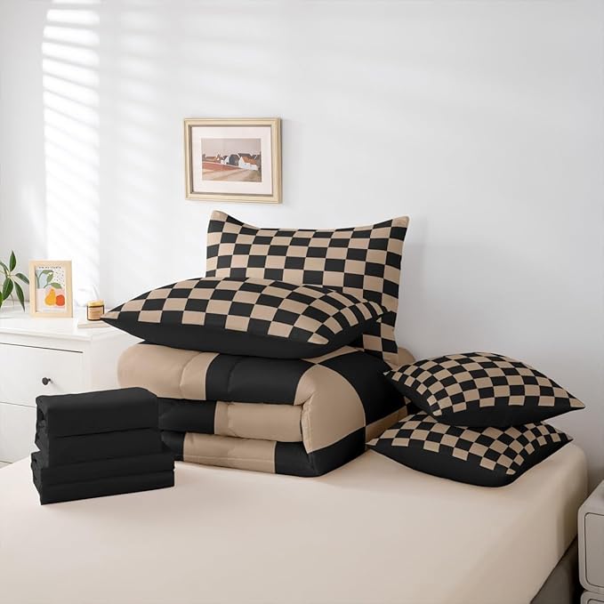 Feelyou Checkered Retro Comforter Set with Sheets 7 Piece Twin Size Brown Plaid Bed in a Bag Kids Boys Girls Geometric Vintage Bedding Set Modern Simple Groovy Aesthetic Bedroom Decor Breathable Soft