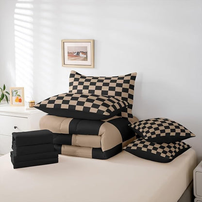 Checkered Retro Comforter Set with Sheets 7 Piece Full Size Brown Plaid Bed in a Bag Kids Boys Girls Geometric Vintage Bedding Set Modern Simple Groovy Aesthetic Bedroom Decor Breathable Soft