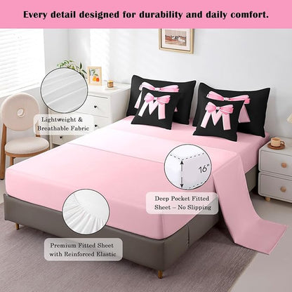 jejeloiu Kawaii Pink Bow Twin Comforter Set with Sheets,Gifts for Women Teen Girl,Personalized Initial Letter M 7 Piece Bedding Set,Soft Monogrammed Bed in a Bag with Comforter,Sheets,Pillowcases