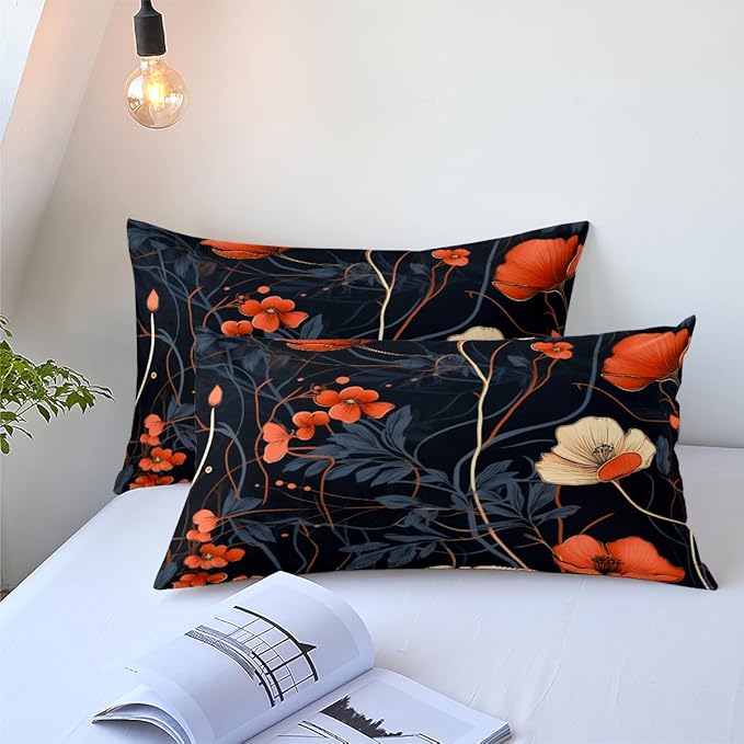 Vintage Floral Comforter Set King Size, Red and Black Flower Soft Bedding Set with 2 Pillowcases, Bedroom Decor/104 * 90