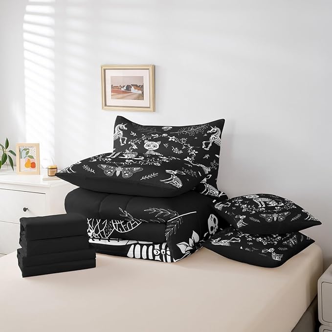 Cartoon Cat Comforter Sets in a Bag 7 Pcs,Gothic Moth Butterfly Boho Flowers Bedding Set,Exotic Animals Skull Double-Sided Print Bed Sets in a Bag with Comforter,Sheets and Pillow Cases,Twin