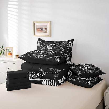 Cartoon Cat Comforter Sets in a Bag 7 Pcs,Gothic Moth Butterfly Boho Flowers Bedding Set,Exotic Animals Skull Double-Sided Print Bed Sets in a Bag with Comforter,Sheets and Pillow Cases,Twin