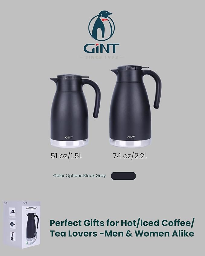 GiNT 74oz Thermal Coffee Carafe with Infuser – Insulated Tea Carafe, Removable Filter, Dishwasher-Safe | 2.2L 10+ Cups, Leak-Proof Seal & Pinch-Release | Stainless Steel for Office & Events