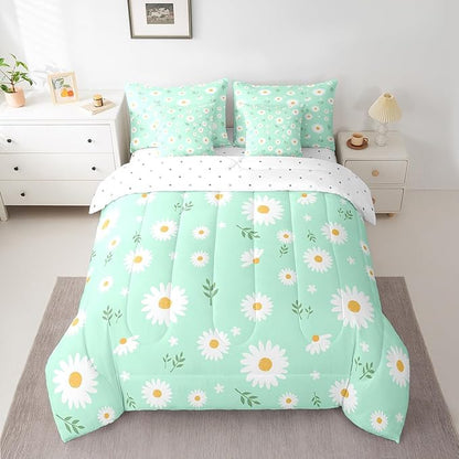 Feelyou Daisy Comforter Set with Sheets for Girls Boys Kids Full Size Botanical Floral Printed 7 Piece Bedding Set Green Blossom Flowers Pattern Bed in a Bag Natural Theme Room Decor Breathable Soft