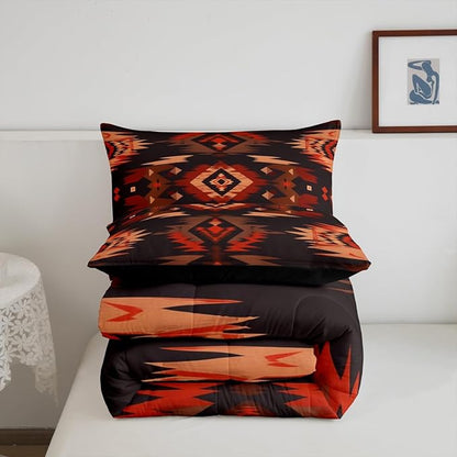 Feelyou Rustic Western Southwestern Comforter Set,Native American Tribal Navajo Bedding Set Toddler Size,Boys Girls Bedroom Room Decor,Red Black Western Comforter,Farmhouse Bed Set