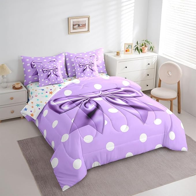 Feelyou Purple Bowknot 7 Piece Bedding Set Polka Point Comforter Set with Sheets for Kids Boys Girls Cute Bow Bed in a Bag Princess Theme Bed Set Soft Lightweight