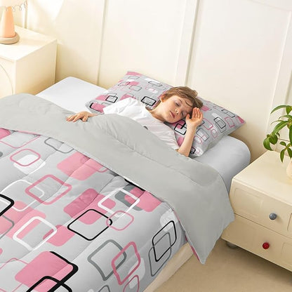 Erosebridal Pink Geometric Square Kids Comforter Sets Pink and Gray Striped Toddler Bedding Set for Girls Boys Minimalist Art Aesthetic Comforter Set Modern Abstract Plaid Quilt Duvet 2 Pcs