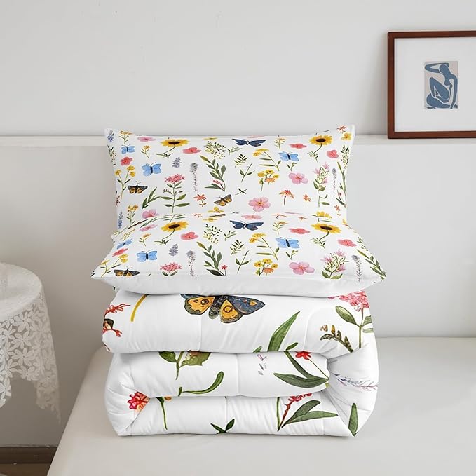 Manfei Wild Plants Comforter Set King Size, Colorful Flower Butterfly Quilt Set with 2 Pillowcases, Botanical Floral Bedding Set 3pcs for Kids Girls Bedroom Decor Lightweight Duvet Insert