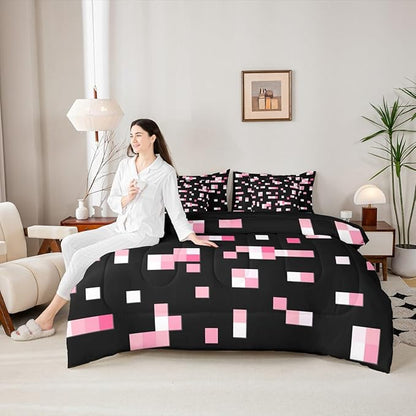 Castle Fairy Pink Geometric Grid 7 Piece Comforter Set Queen Size,Miner Theme All Season Reversible Bed in a Bag Geometric Grid Bedding Sets Pixelated Style Flat Sheet,Fitted Sheet,Pillowcases