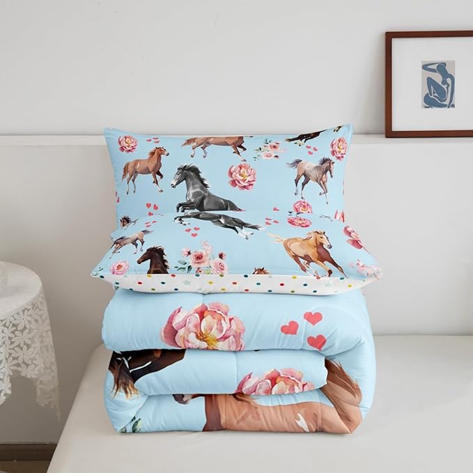 Horse Comforter Set King for Cowboy Cowgirl,Southwest Rose Petal Bedding Set for Youth Adult,Rustic Horse Quilt Set for Bedroom Decor,Vintage Farmhouse Wildlife Down Comforter with 2 Pillowcases