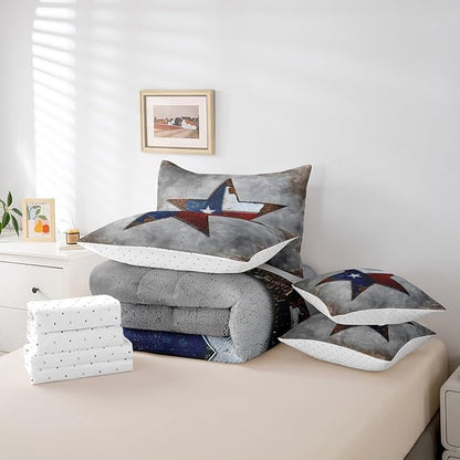 Erosebridal Vintage Texas Stars Bed in a Bag 7 Pieces Retro Flag Print Bedding Set, Grunge Grey Twin Size Comforter Set Texas Star Bedding Comforter Sets, American Flag Pattern Bed Set
