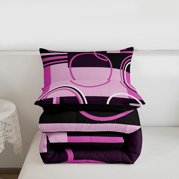 Vintage Swirls Bedding Set - Full Purple, Black, Grey Duvet Set with Retro Graphic Patchwork Quilt, Soft Microfiber Down Comforter, 3Pcs
