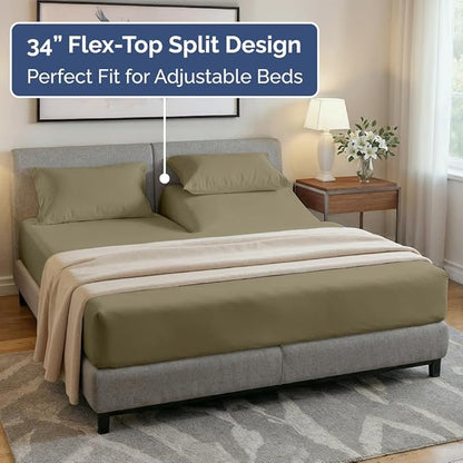 Flex Top Split Head King 4 Piece Sheet Set - Comfy Breathable & Cooling Bed Sheets Set - Hotel Luxury Bedding for Women, Men, Kids, Teens, Boys & Girls - Deep Pockets, Ultra-Soft - Oeko-Tex - Khaki