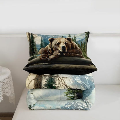 Erosebridal Nature Forest Bear Comforter Set Toddler Size Wild Animals Forest Bedding Set for Child Boys Girls | Rustic Cabin Woodland Brown Bear Comforter Mountain Hunting Wildlife Duvet Insert