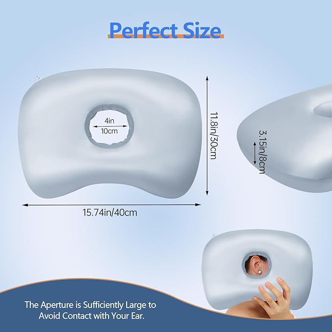 Ear Piercing Pillow for Side Sleepers, Pillow with an Ear Hole for CNH and Ear Pain Ear Inflammation Pressure Sores (Light Blue Silk, 17.3"x12.6"x2")