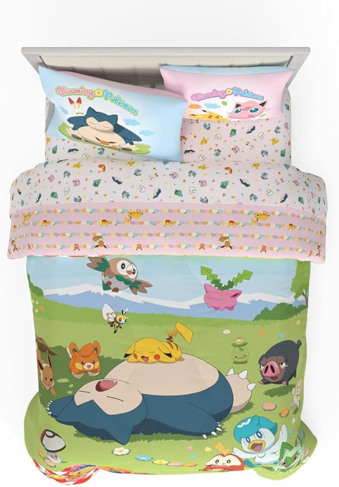 Pokemon Bedding Super Soft Comforter and Sheet Set with Sham, 5 Piece Full Size, Featuring Snorlax, Pikachu, Eevee & Jigglypuff (Officially Licensed Product) by Franco