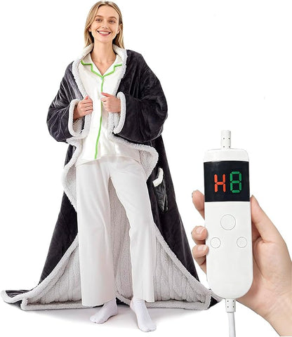 Heated Blanket Wearable Electric with Sleeves & Foot Pocket, Heating Blanket with 8 Hours Auto Off 10 Fast Heating Levels, Machine Washable, Gift Idea, 52”*72”+18”