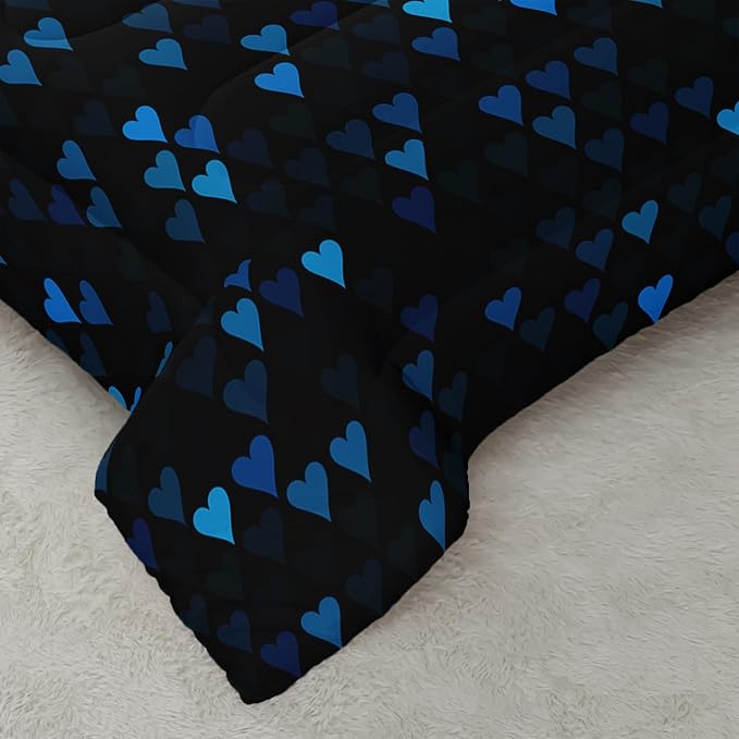 Geometric Blue Love Black Comforter Set,Blue Heart Honeycomb 3 PCS Bedding Set Twin Size for Teen Adult,Modern Quilt Set Geometry Decor,Microfiber Lightweight 1 Comforter 2 Pillowcases