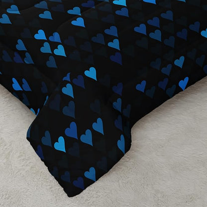 Geometric Blue Love Black Comforter Set,Blue Heart Honeycomb 3 PCS Bedding Set Full Size for Teen Adult,Modern Quilt Set Geometry Decor,Microfiber Lightweight 1 Comforter 2 Pillowcases