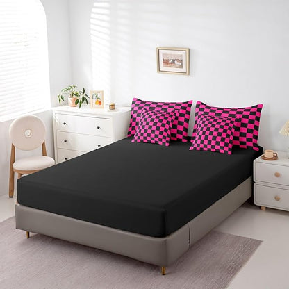 Feelyou Checkered 7 Piece Bedding Set Teen Dark Red Black Plaid Comforter Set with Sheets Twin Size Kids Boys Cute Retro Neutral Checkerboard Geometric Bed in a Bag Vintage Aesthetic Room Decor