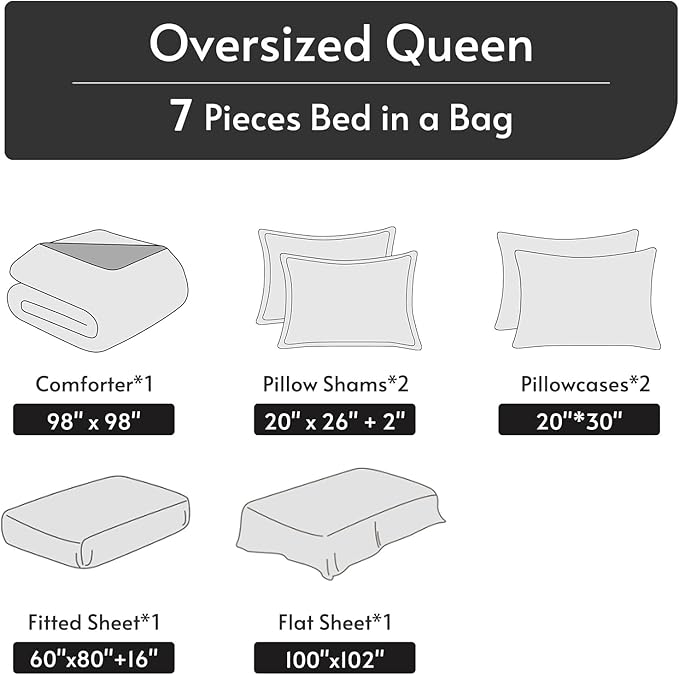 MUXHOMO 7 Pieces Oversized Queen Comforter Set, Reversible Bed in a Bag Oversized Queen Size, All Season Bedding Set, Flat Sheet, Fitted Sheet, Pillowcases & Shams, Dark Green & Light Green