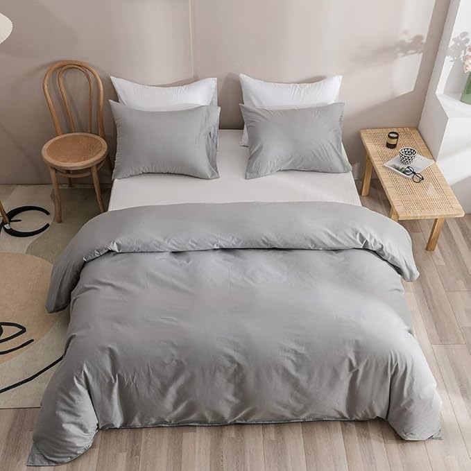 KAREVER Silver Grey Comforter Set Full Bright Gray Beddig Set for Kids Teens Adult Solid Silver Gray Color Bedding Set 3 Pieces with 2 Pollowcases Lightweight Durable Gray Comforter Set