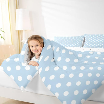 Manfei Polka Dots Teens Comforter Set,French Style Dots Cartoon Blue White Bedding Set All Season,Modern Geometric Circles Abstract Simple Art Comforter 3 Pcs with 2 Pillowcases,Queen Size
