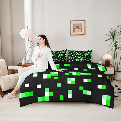 Castle Fairy Green Miner Grid Comforter Sets - 7 Pieces Full Size,Pixelated Blocks All Season Reversible Bed in a Bag Geometric Square Bedding Set Pixel Theme Flat Sheet,Fitted Sheet,Pillowcases