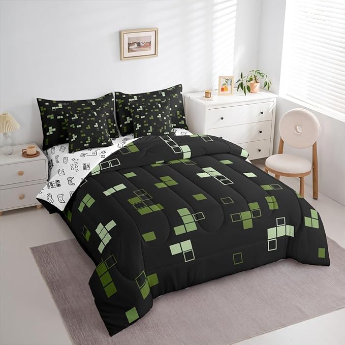 Building Block Games 7Pcs Comforter Set Queen Size,Construction Bedding Set for Kids Boys Teens Room Decor,Army Green Black Video Games Bed in a Bag Cartoon Gamepad Flat Fitted Sheet