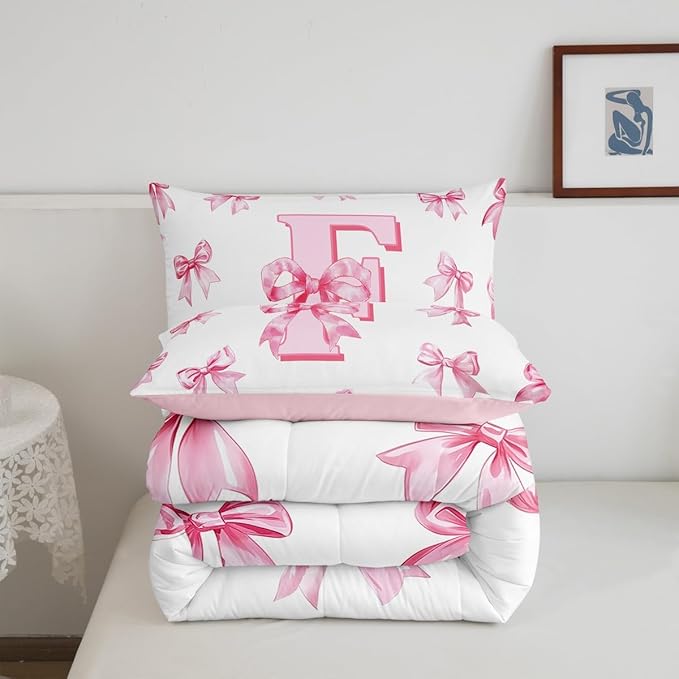 Erosebridal Initial Letter F Bedding Comforter Sets Pink Kawaii Bow Bedding Set Dreamy Princess Letter Bowknot Comforter Set Toddler Size for Kids Girls Teen Women,Cute Girly Bow Quilt Duvet
