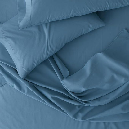 Peru Pima 415 Thread Count Percal California King Sheet Set - 100% Peruvian Pima Cotton, 4 Piece (Flat, Fitted, 2 Pillowcases) - Cooling, Deep Pocket, Hotel Quality Bedding - Light Denim