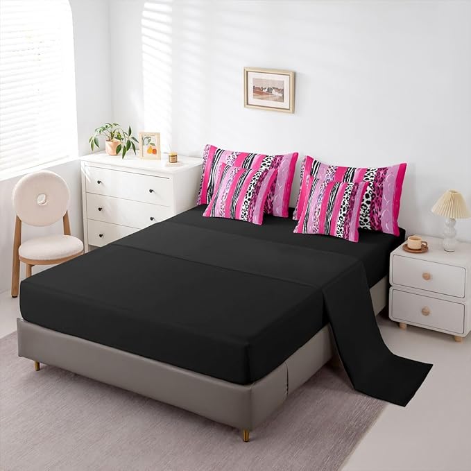 Erosebridal Leopard Print Stripe White Pink Girls King 7-Piece Comforter Set | Cheetah Fur Geometric Sheets and Pillowcases Animal Skin Pattern Bed in A Bag Adults Women Men Bed Sets