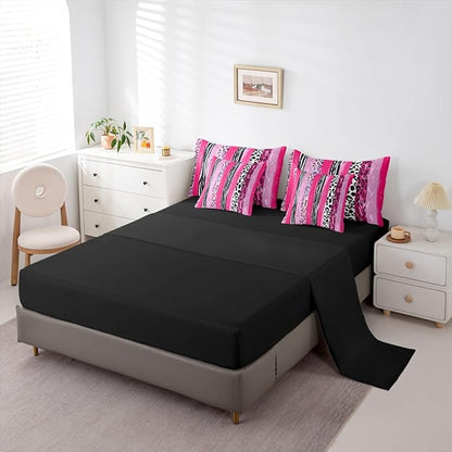 Erosebridal Leopard Print Stripe White Pink Girls King 7-Piece Comforter Set | Cheetah Fur Geometric Sheets and Pillowcases Animal Skin Pattern Bed in A Bag Adults Women Men Bed Sets