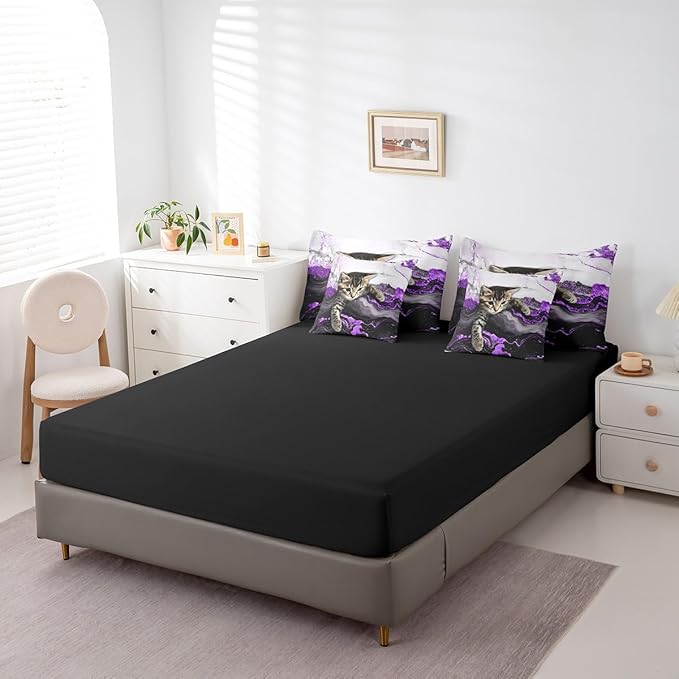 Erosebridal Purple Marbling Bedding Set Twin Watercolor Marble Ink Fluid Bed in A Bag Luxury Modern Marbling Cat Comforter Sets with Sheets Retro Artwork Style Aesthetic 7 Pieces Bed Set